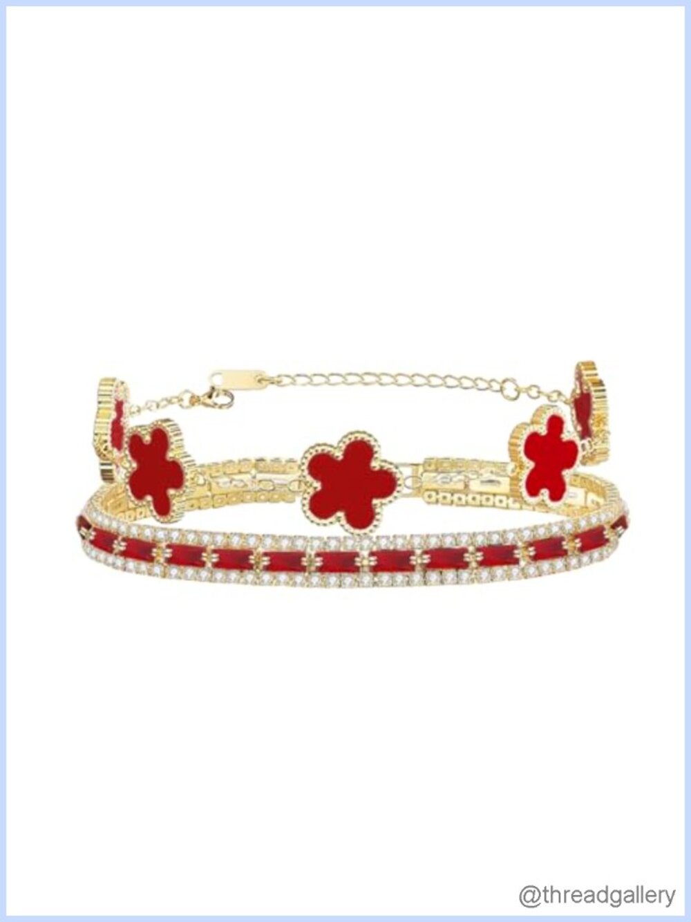 2Pc Womens Stacked Bracelet Set CZ Tennis Flower Stainless Steel